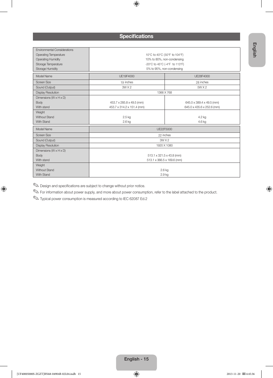 Specifications | Samsung UE19F4000AW User Manual | Page 15 / 67