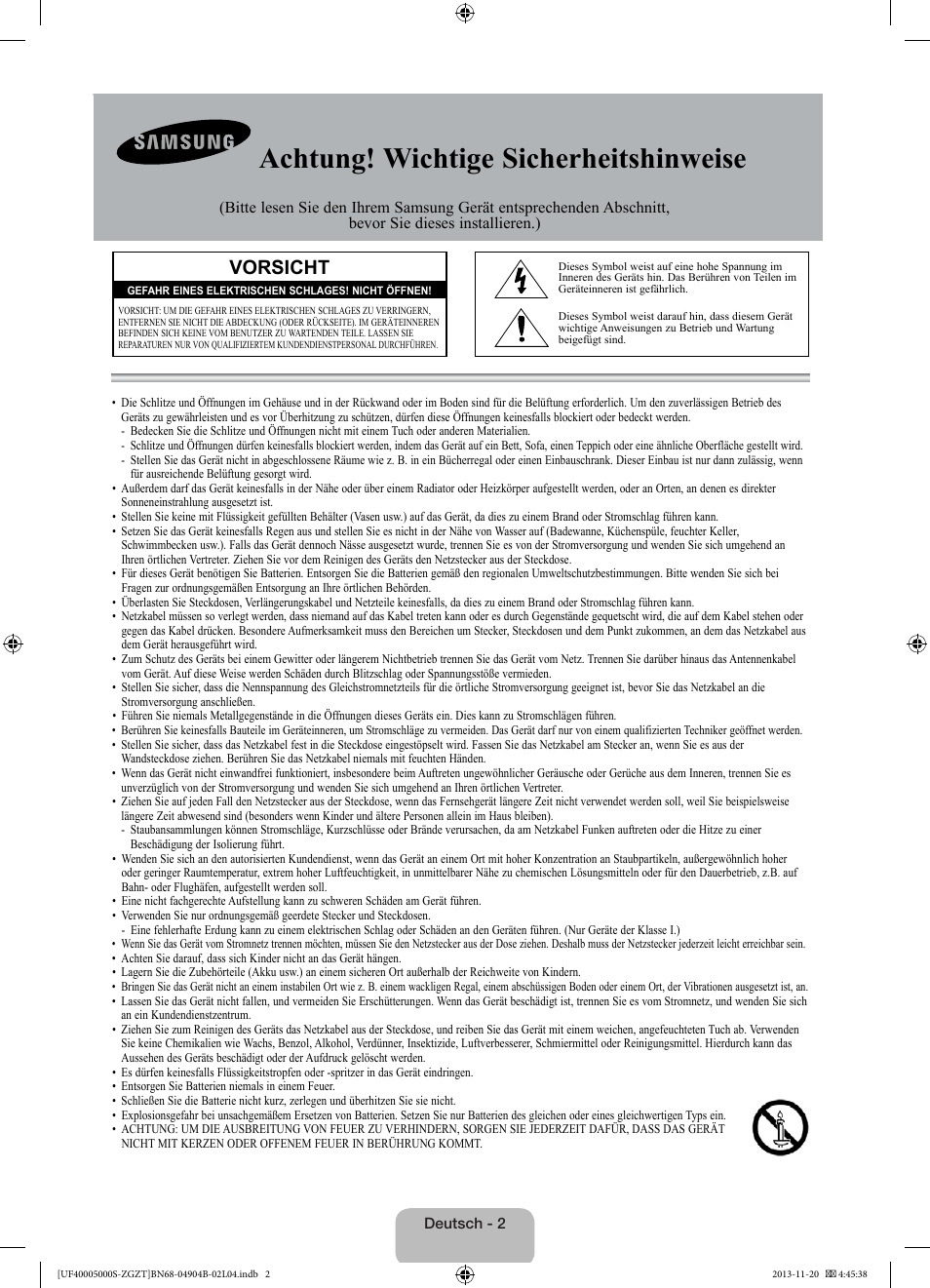 Achtung! wichtige sicherheitshinweise, Vorsicht | Samsung UE19F4000AW User Manual | Page 18 / 67