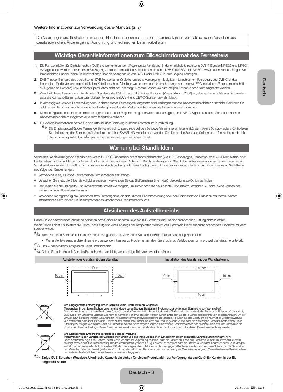 Warnung bei standbildern, Absichern des aufstellbereichs | Samsung UE19F4000AW User Manual | Page 19 / 67