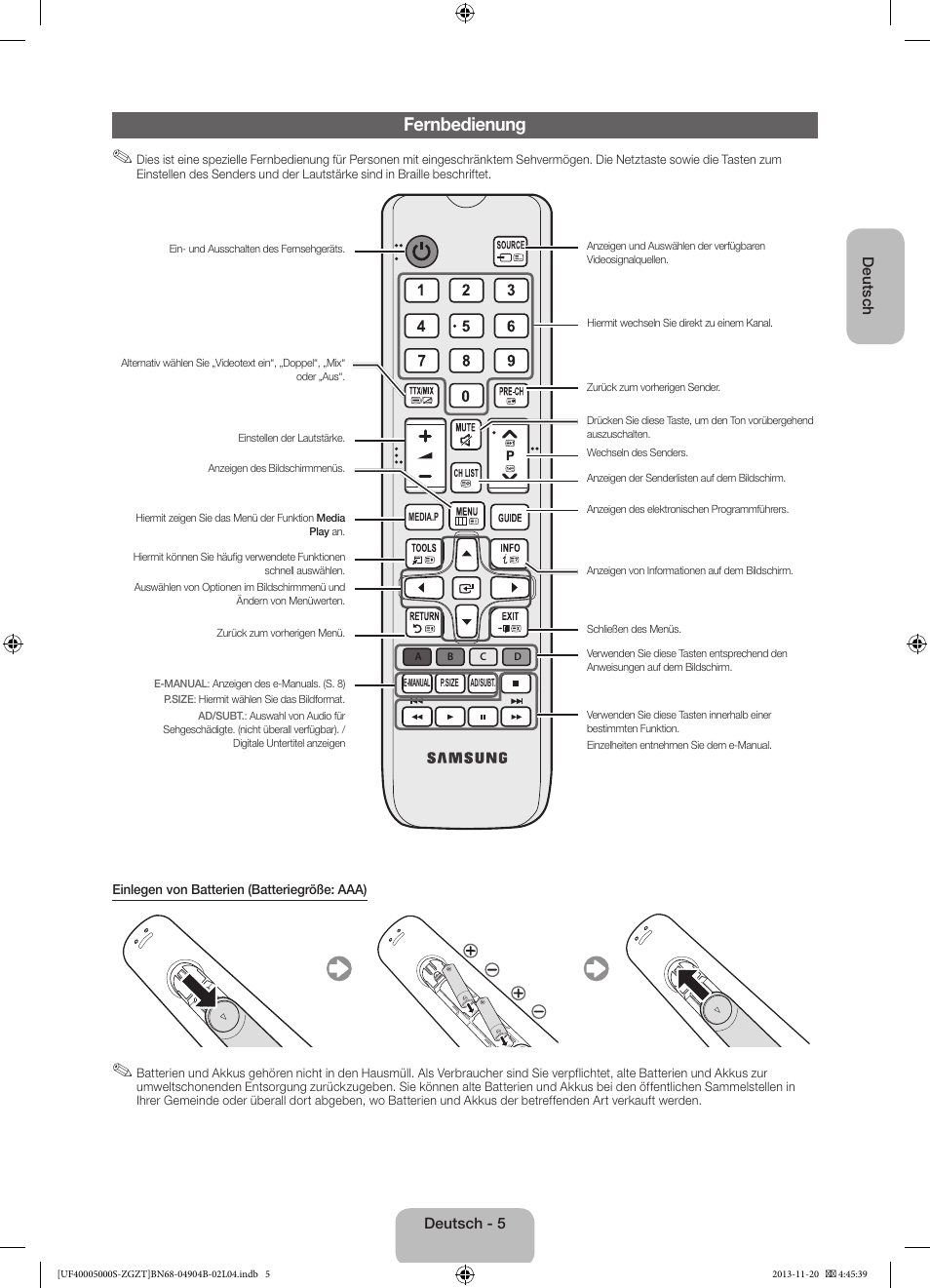 Fernbedienung | Samsung UE19F4000AW User Manual | Page 21 / 67