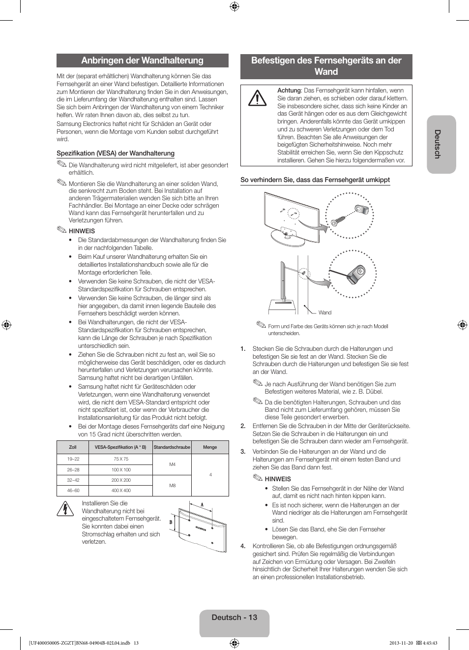 Anbringen der wandhalterung, Befestigen des fernsehgeräts an der wand | Samsung UE19F4000AW User Manual | Page 29 / 67