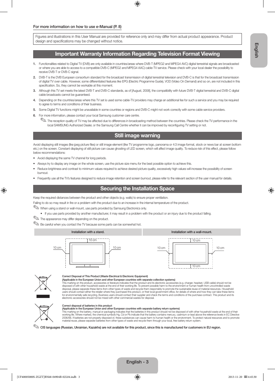 Still image warning, Securing the installation space | Samsung UE19F4000AW User Manual | Page 3 / 67