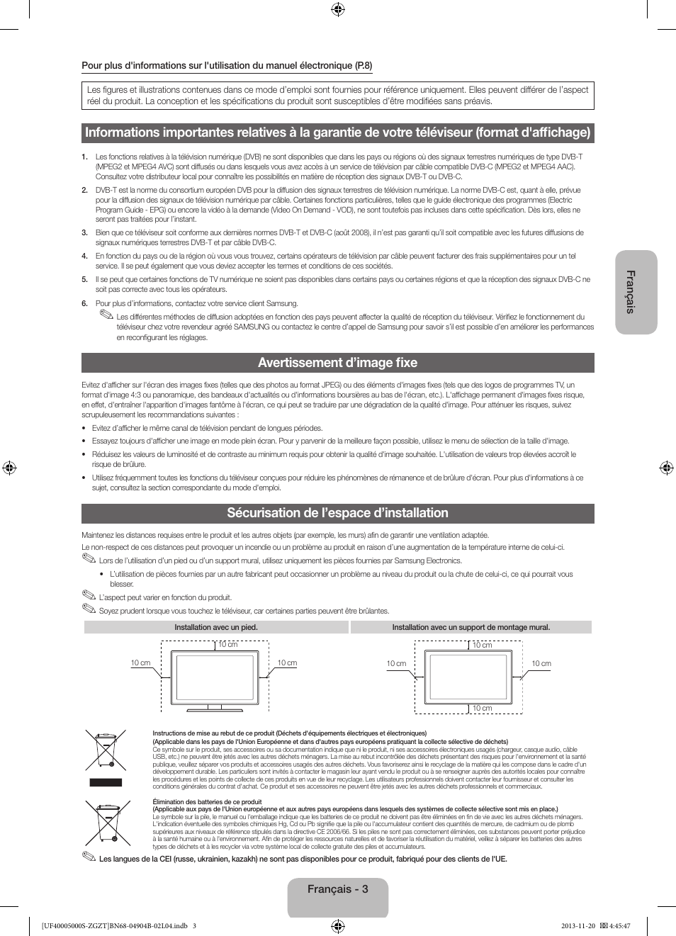 Avertissement d’image fixe, Sécurisation de l’espace d’installation | Samsung UE19F4000AW User Manual | Page 35 / 67