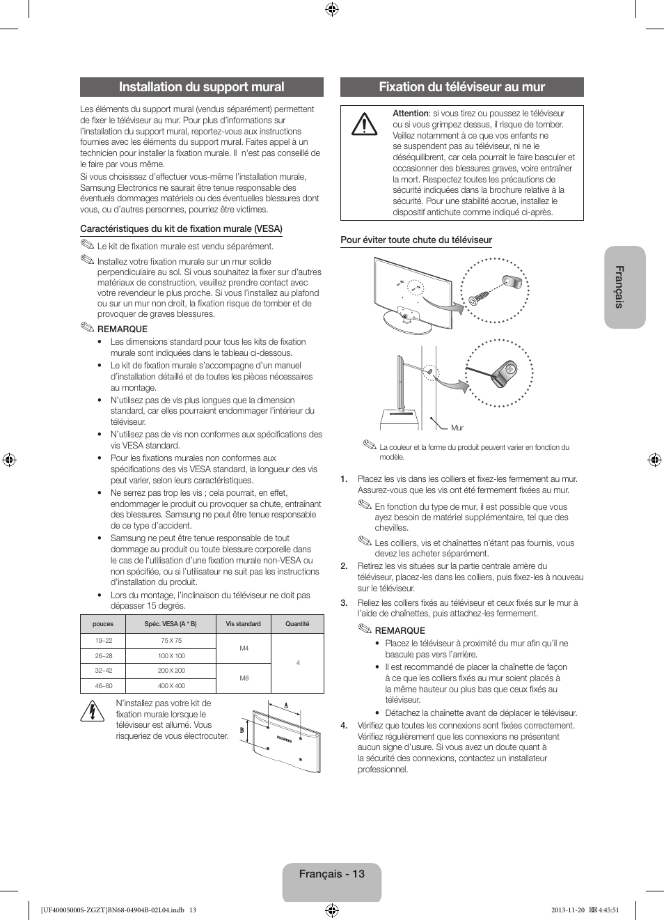 Installation du support mural, Fixation du téléviseur au mur | Samsung UE19F4000AW User Manual | Page 45 / 67