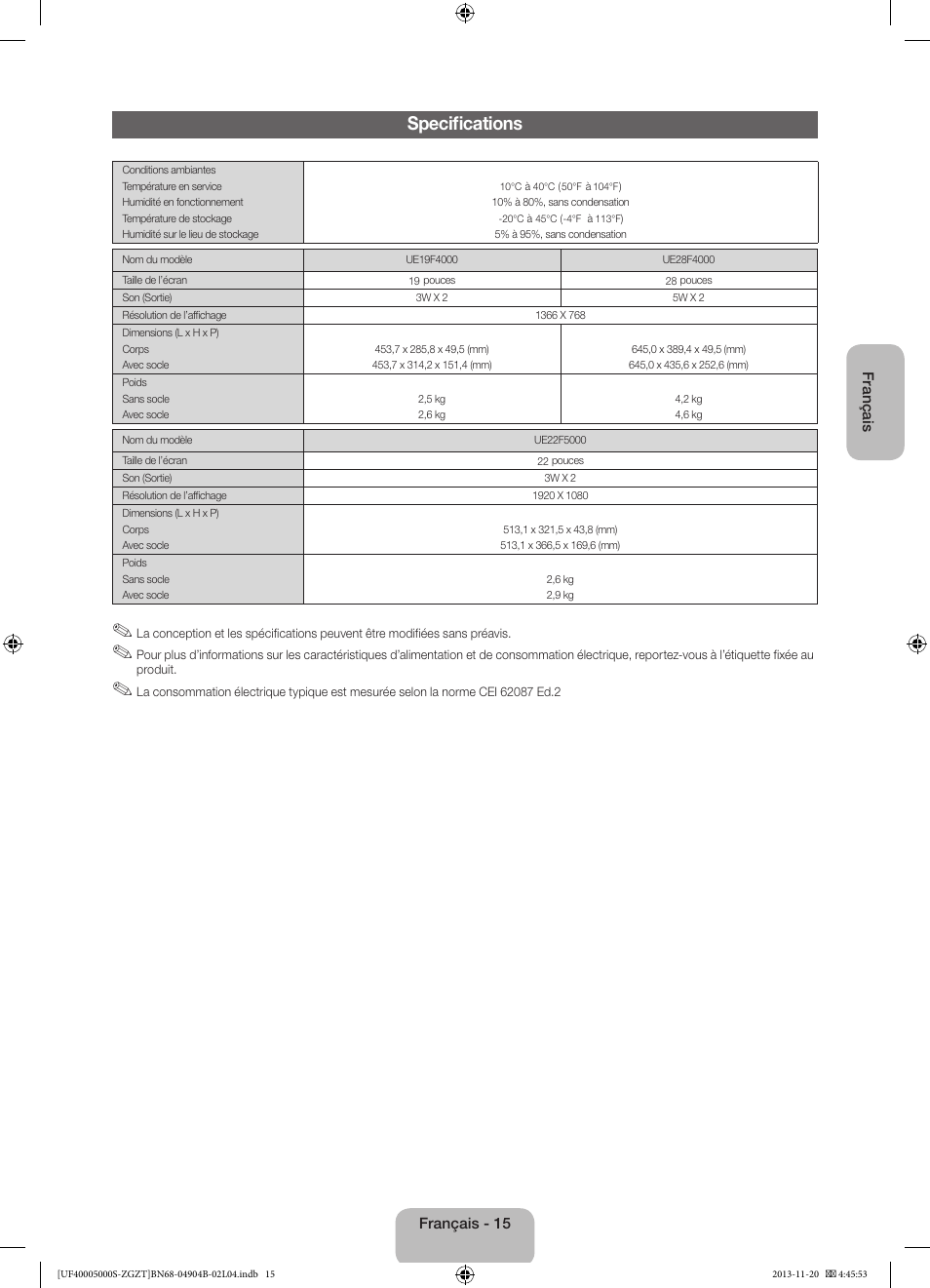 Specifications | Samsung UE19F4000AW User Manual | Page 47 / 67