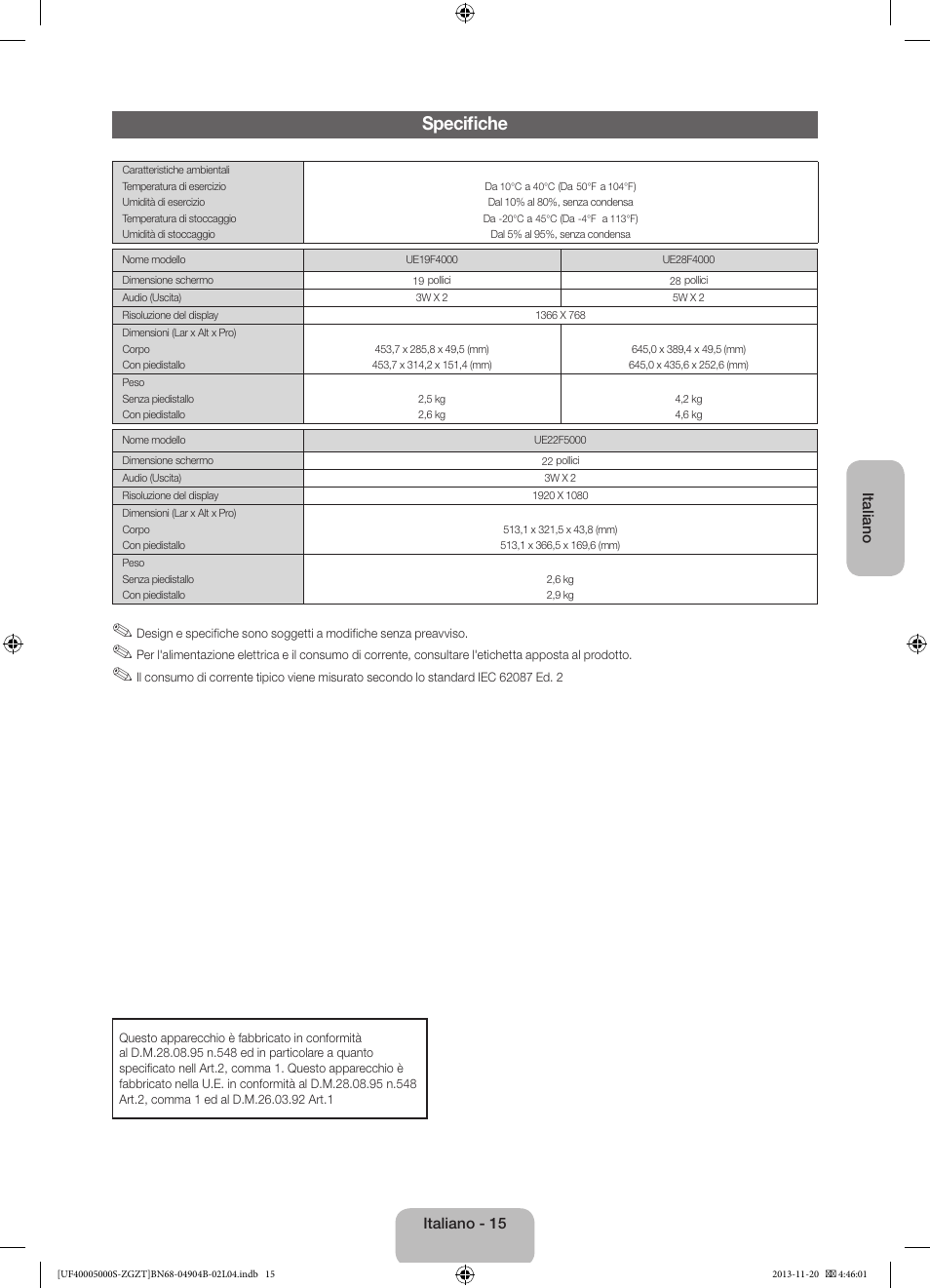 Specifiche | Samsung UE19F4000AW User Manual | Page 63 / 67