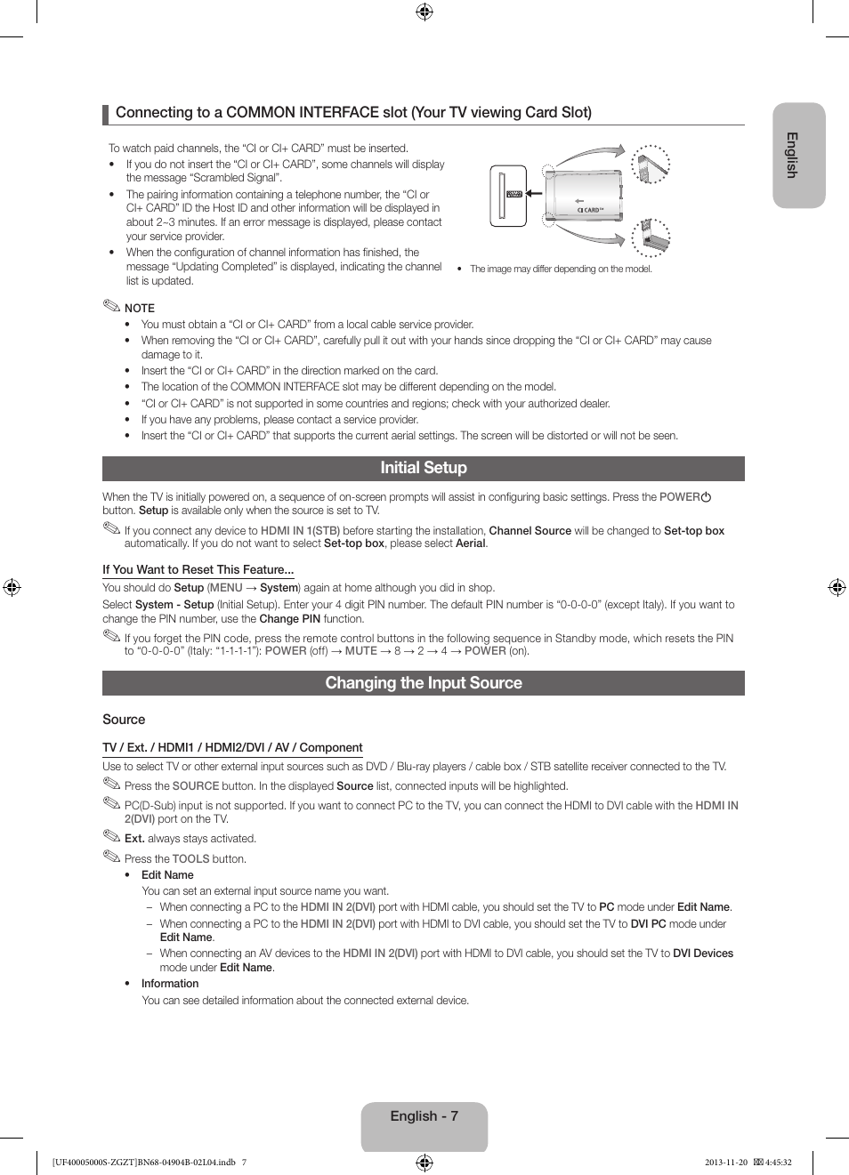 Initial setup, Changing the input source | Samsung UE19F4000AW User Manual | Page 7 / 67