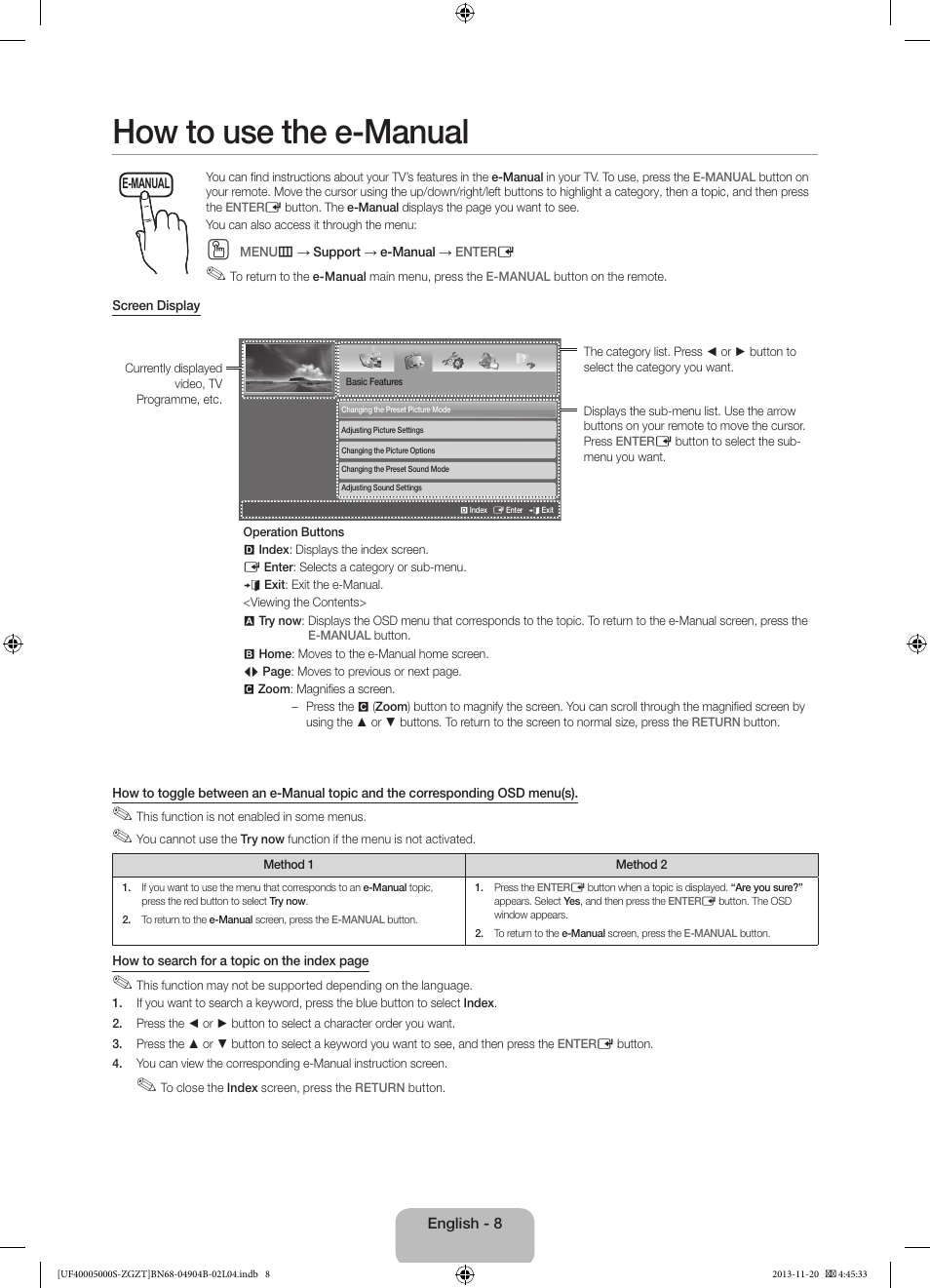 How to use the e-manual | Samsung UE19F4000AW User Manual | Page 8 / 67