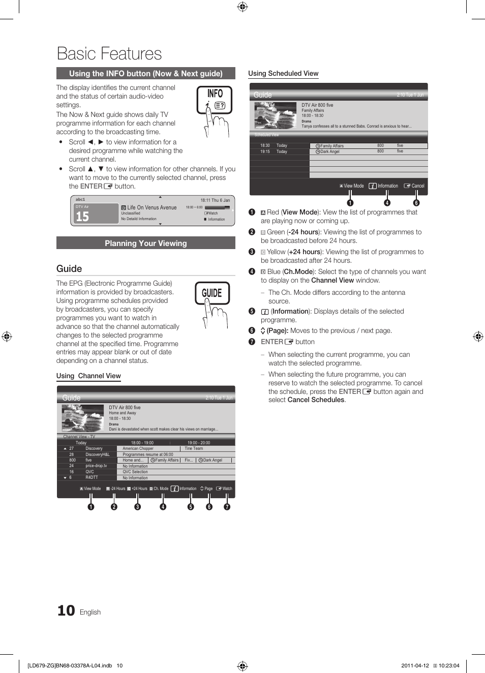 Basic features, Guide, Smart hub | Using the info button (now & next guide), Planning your viewing | Samsung LE46D679M3S User Manual | Page 10 / 217