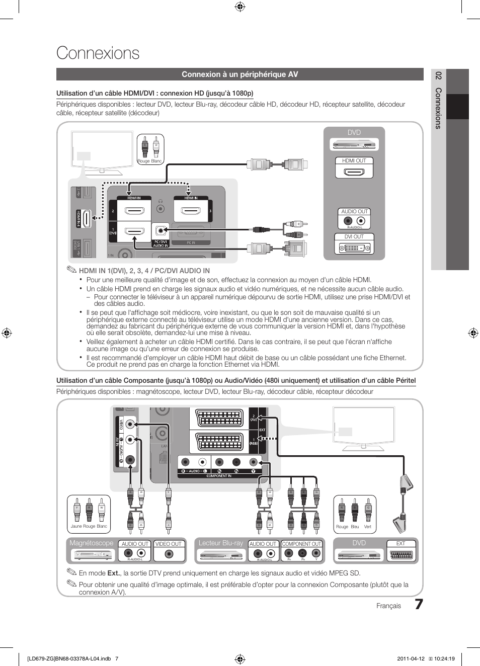Connexions, 02 connexions, Connexion à un périphérique av | Français, Hdmi in 1(dvi), 2, 3, 4 / pc/dvi audio in, Lecteur blu-ray dvd magnétoscope | Samsung LE46D679M3S User Manual | Page 115 / 217