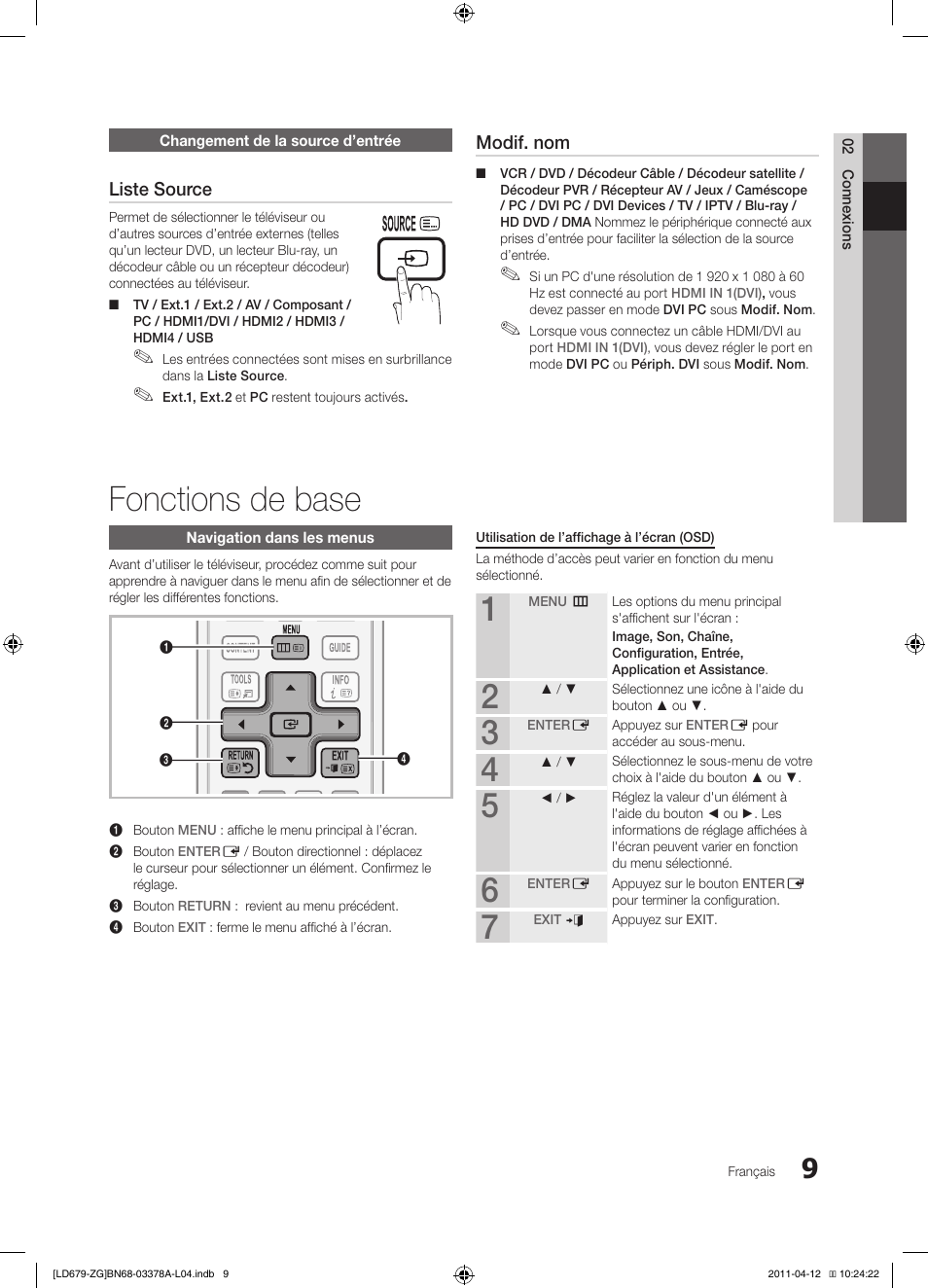 Fonctions de base | Samsung LE46D679M3S User Manual | Page 117 / 217
