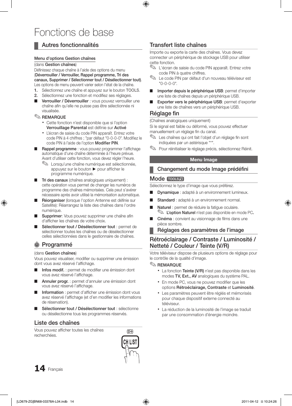 Fonctions de base | Samsung LE46D679M3S User Manual | Page 122 / 217