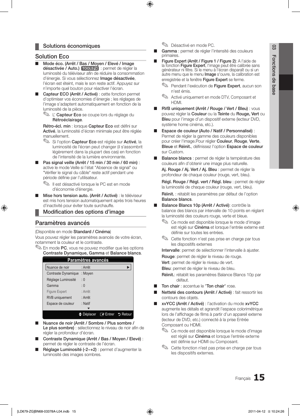 Solution eco, Paramètres avancés | Samsung LE46D679M3S User Manual | Page 123 / 217