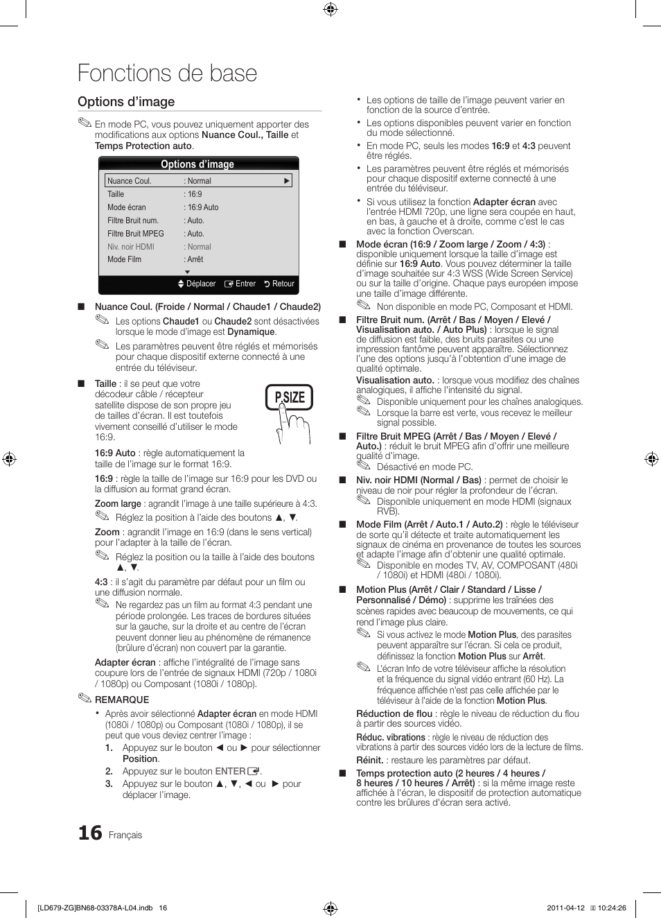 Fonctions de base, Options d’image | Samsung LE46D679M3S User Manual | Page 124 / 217