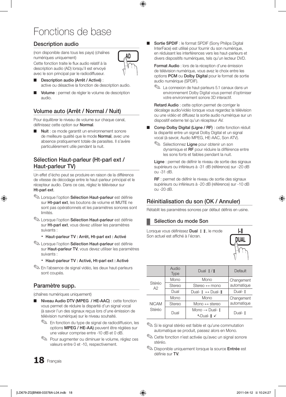 Fonctions de base | Samsung LE46D679M3S User Manual | Page 126 / 217