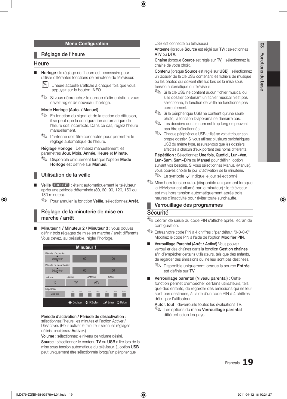 Heure, Sécurité | Samsung LE46D679M3S User Manual | Page 127 / 217