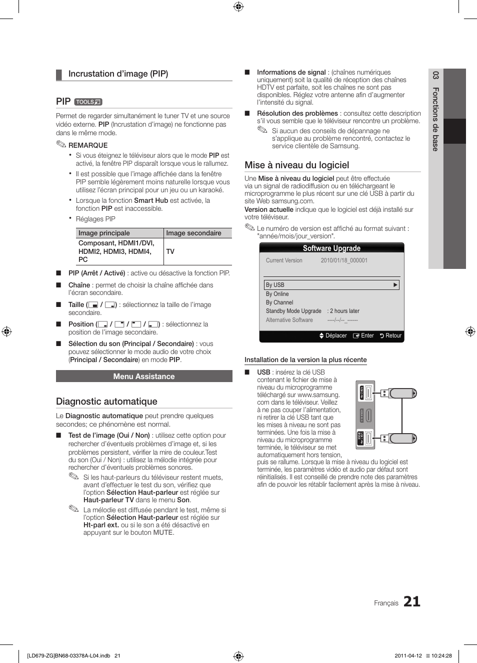 Diagnostic automatique, Mise à niveau du logiciel | Samsung LE46D679M3S User Manual | Page 129 / 217