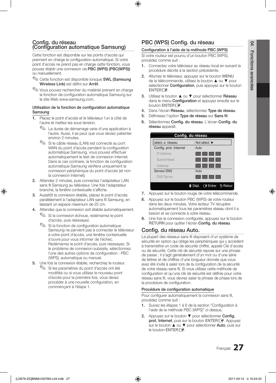 Pbc (wps) config. du réseau, Config. du réseau auto | Samsung LE46D679M3S User Manual | Page 135 / 217