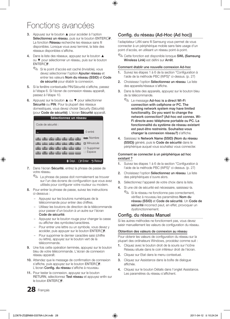 Fonctions avancées, Config. du réseau (ad-hoc (ad hoc)), Config. du réseau manuel | Samsung LE46D679M3S User Manual | Page 136 / 217