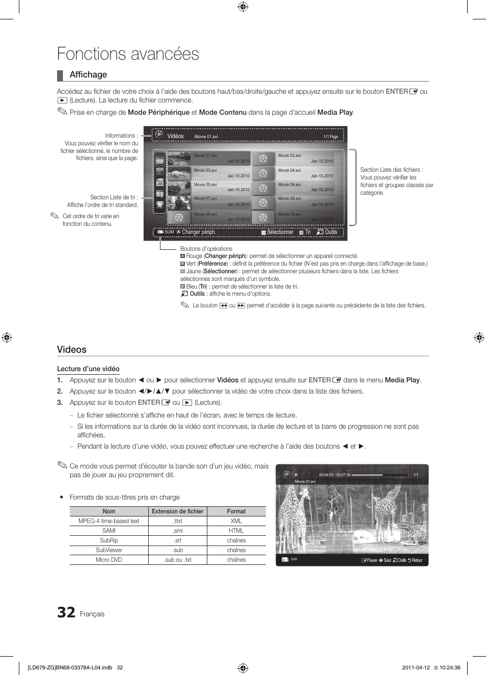 Fonctions avancées, Videos, Affichage | Samsung LE46D679M3S User Manual | Page 140 / 217
