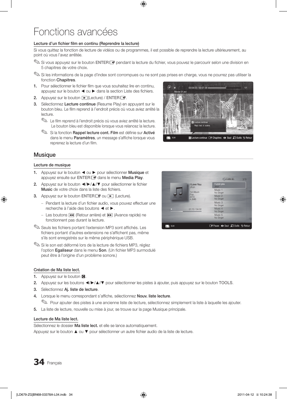 Fonctions avancées, Musique | Samsung LE46D679M3S User Manual | Page 142 / 217