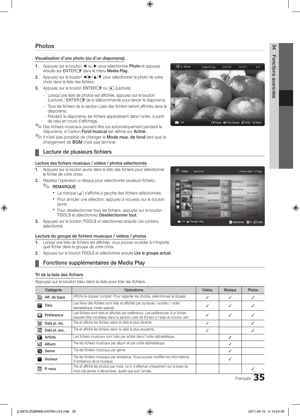 Photos, Lecture de plusieurs fichiers, Fonctions supplémentaires de media play | Samsung LE46D679M3S User Manual | Page 143 / 217