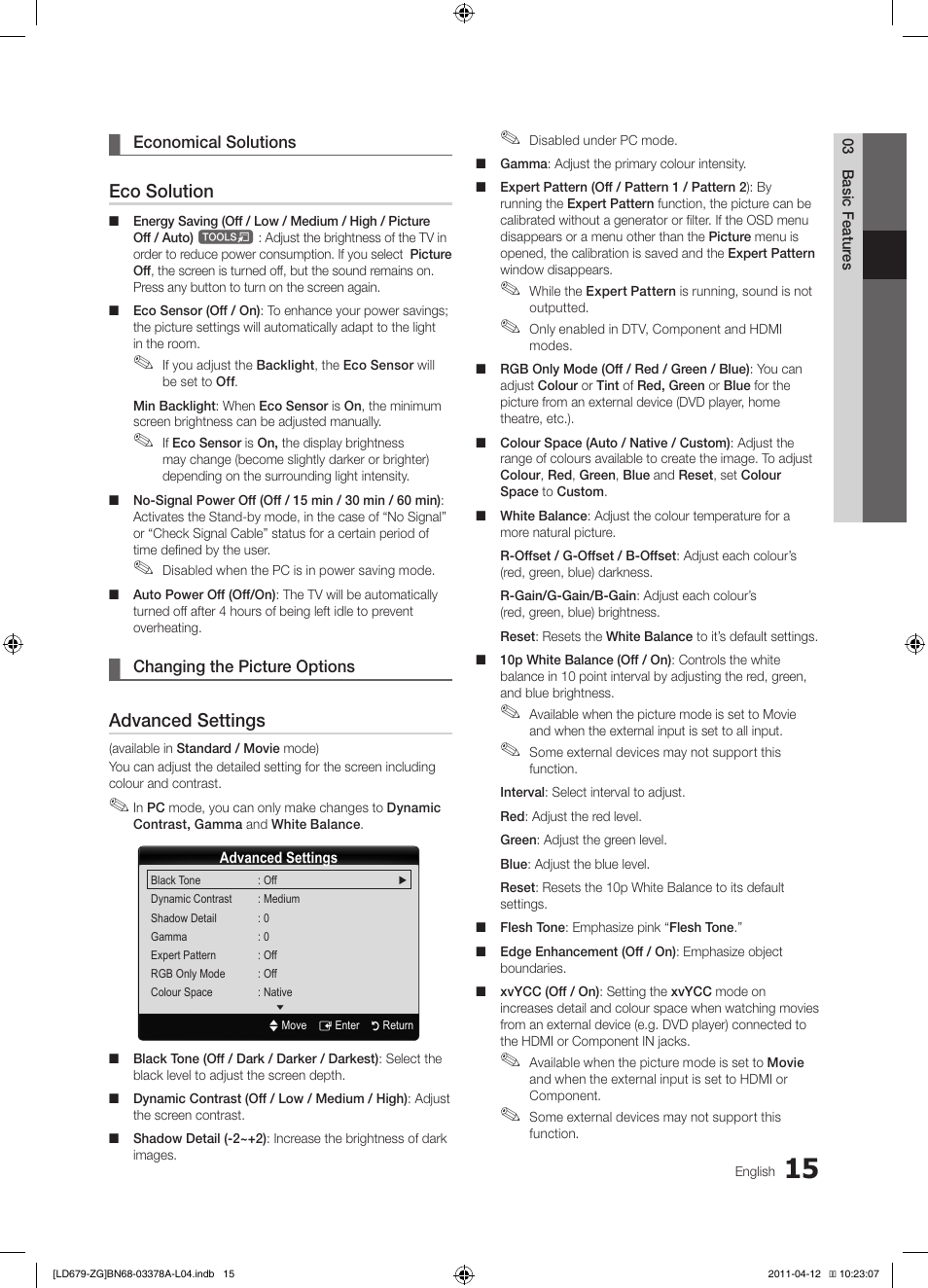 Eco solution, Advanced settings | Samsung LE46D679M3S User Manual | Page 15 / 217