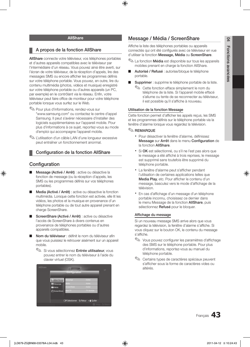 Configuration, Message / média / screenshare | Samsung LE46D679M3S User Manual | Page 151 / 217