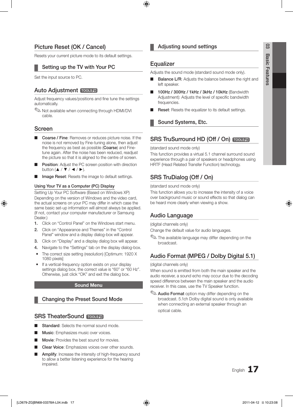 Picture reset (ok / cancel), Auto adjustment, Screen | Srs theatersound, Equalizer, Srs trusurround hd (off / on), Srs trudialog (off / on), Audio language, Audio format (mpeg / dolby digital 5.1) | Samsung LE46D679M3S User Manual | Page 17 / 217