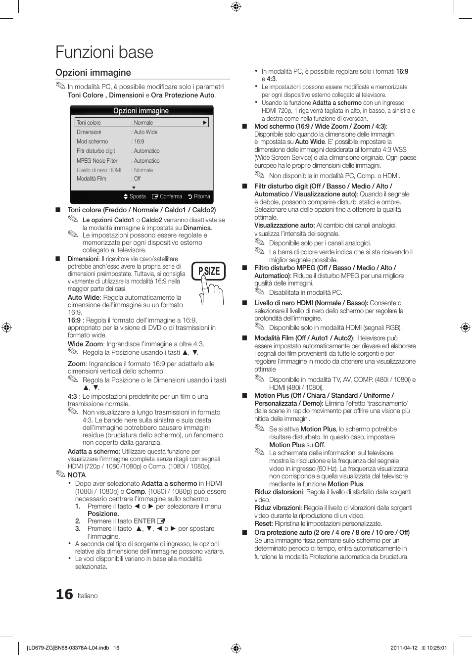 Funzioni base, Opzioni immagine | Samsung LE46D679M3S User Manual | Page 178 / 217
