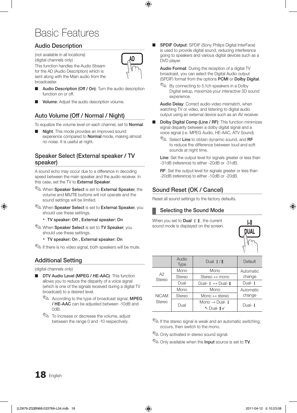 Basic features | Samsung LE46D679M3S User Manual | Page 18 / 217