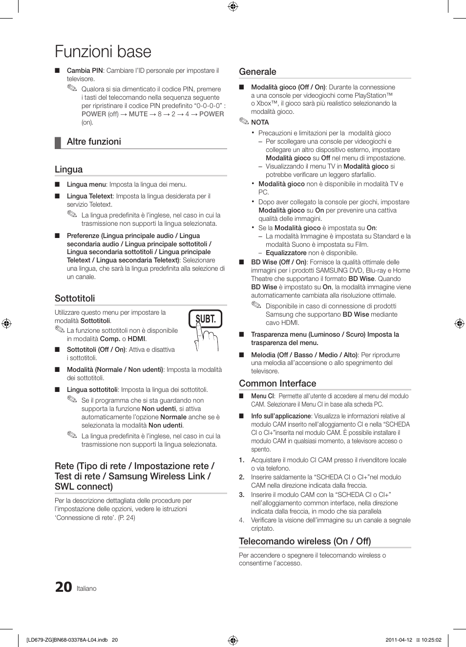Funzioni base | Samsung LE46D679M3S User Manual | Page 182 / 217