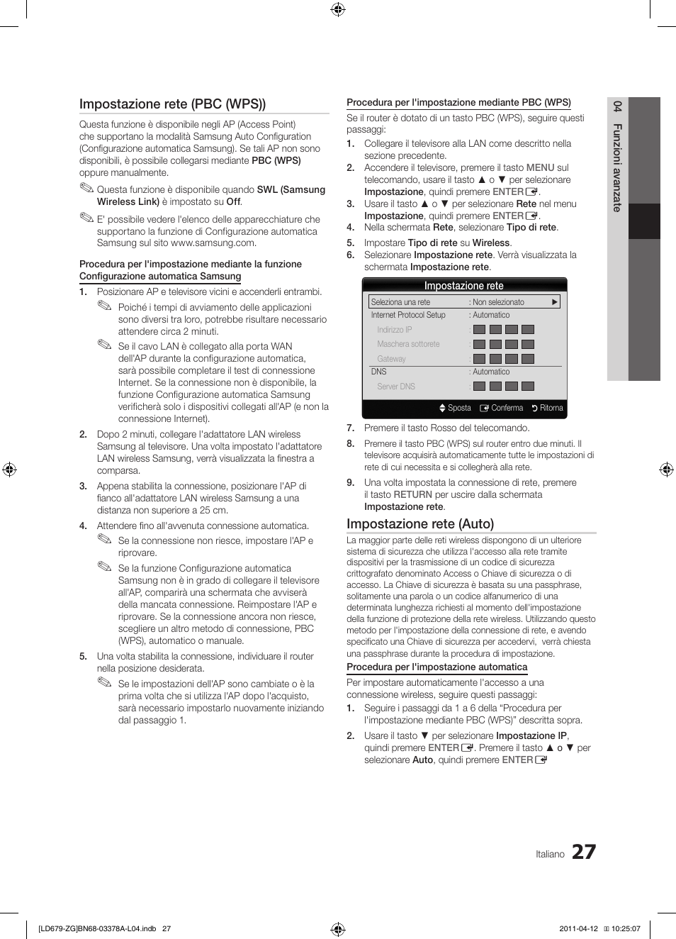 Impostazione rete (pbc (wps)), Impostazione rete (auto) | Samsung LE46D679M3S User Manual | Page 189 / 217