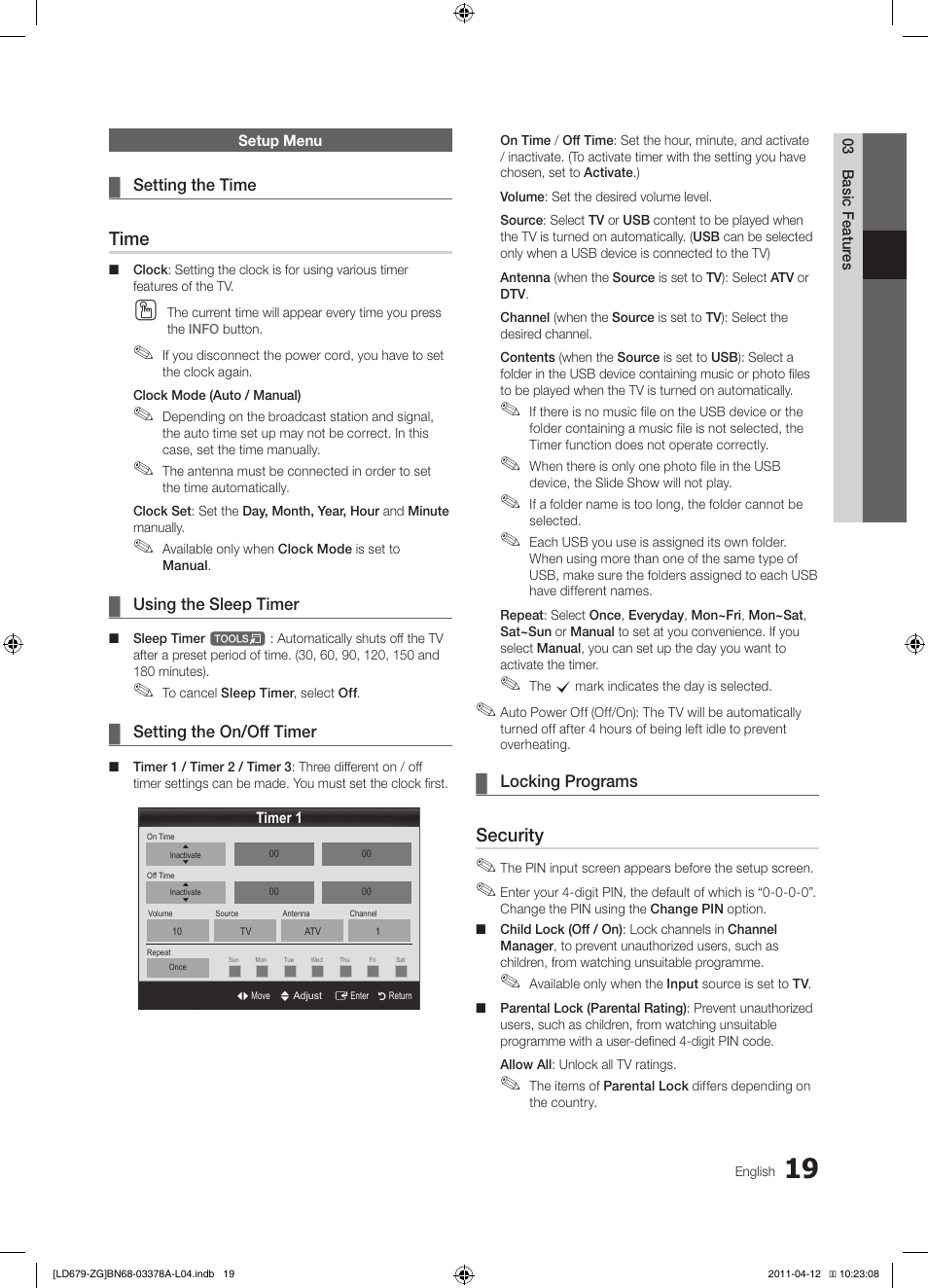 Time, Security | Samsung LE46D679M3S User Manual | Page 19 / 217