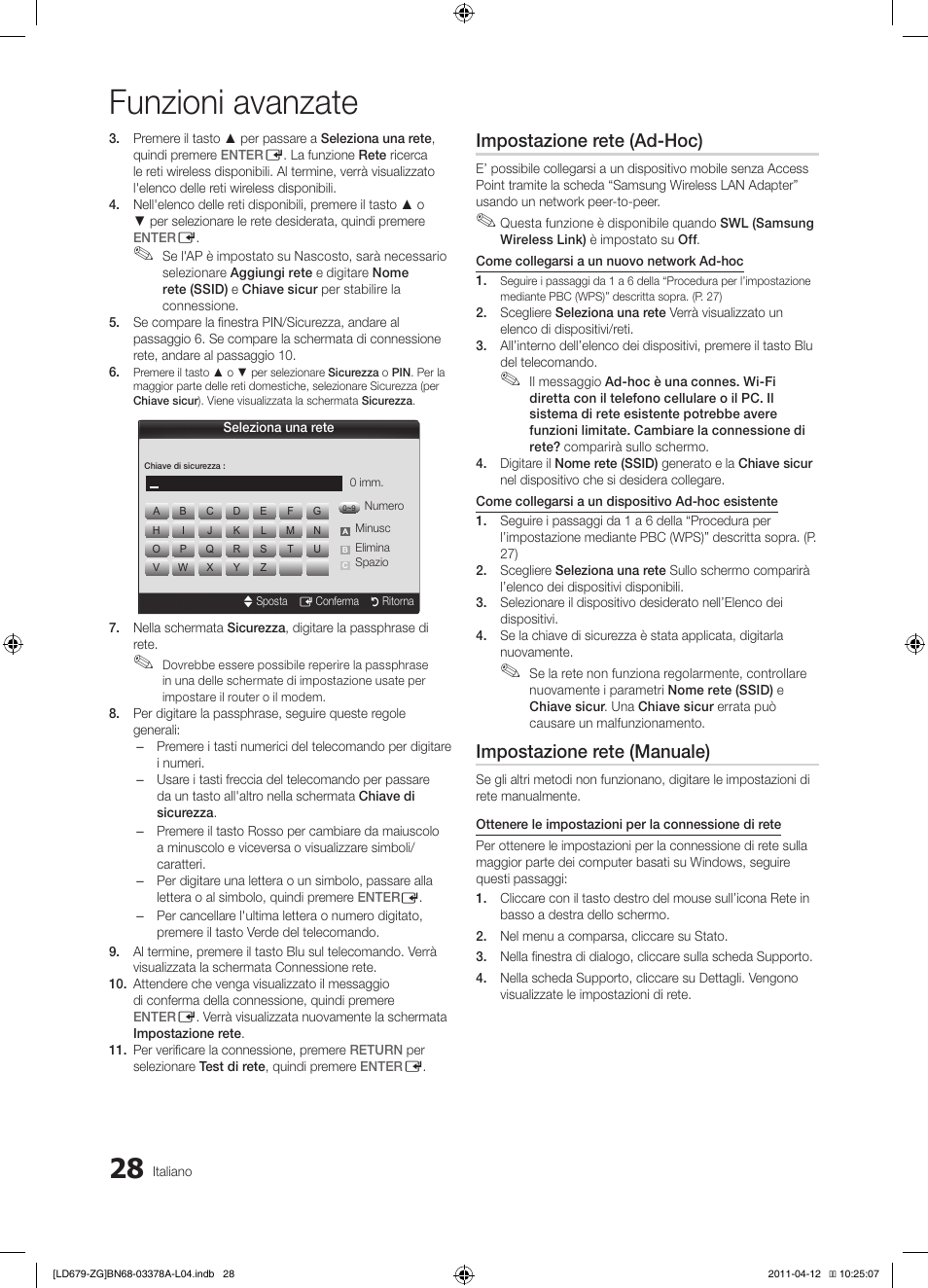 Funzioni avanzate, Impostazione rete (ad-hoc), Impostazione rete (manuale) | Samsung LE46D679M3S User Manual | Page 190 / 217
