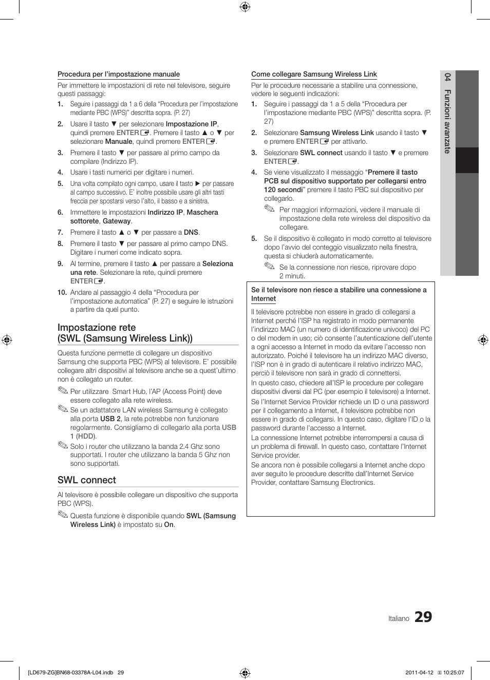 Impostazione rete (swl (samsung wireless link)), Swl connect | Samsung LE46D679M3S User Manual | Page 191 / 217