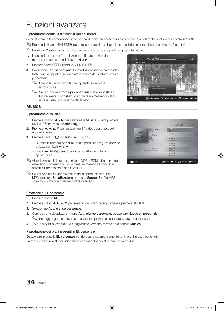 Funzioni avanzate, Musica | Samsung LE46D679M3S User Manual | Page 196 / 217