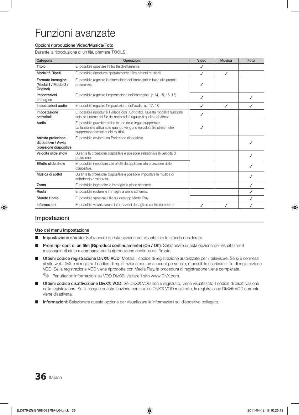 Funzioni avanzate, Impostazioni | Samsung LE46D679M3S User Manual | Page 198 / 217