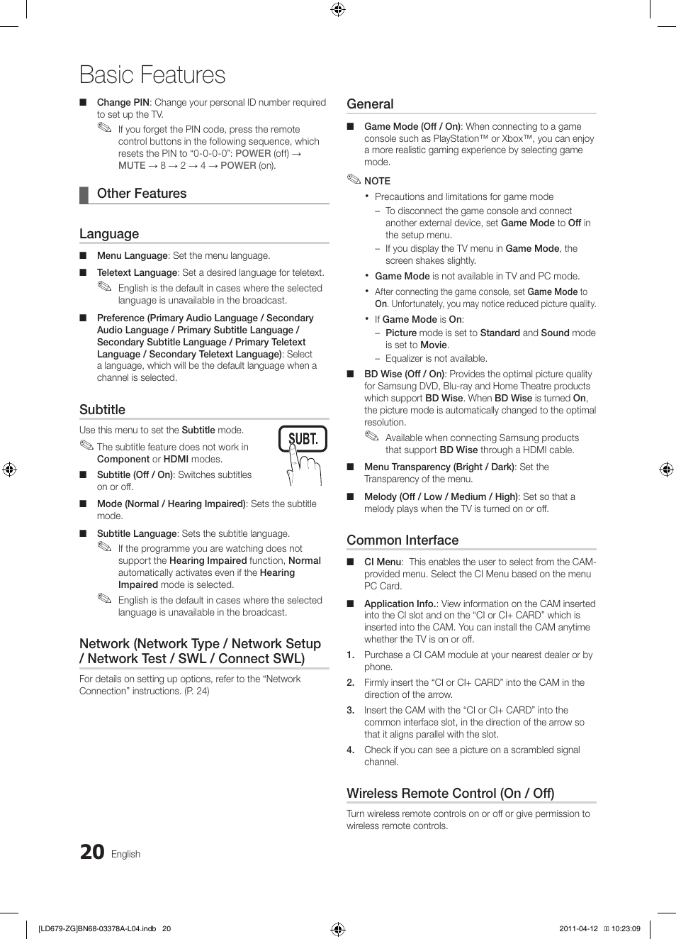 Basic features | Samsung LE46D679M3S User Manual | Page 20 / 217