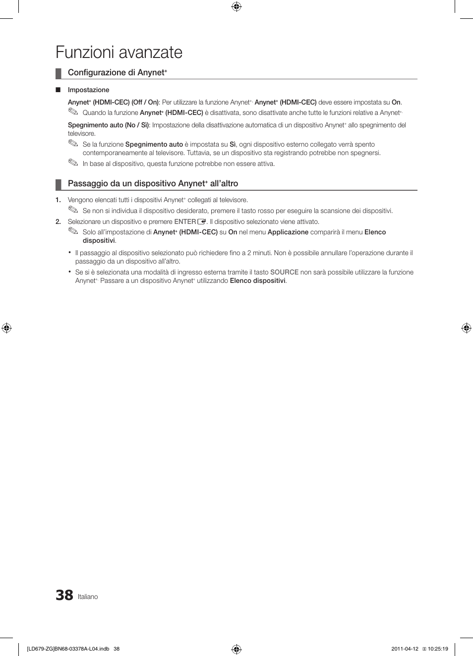 Funzioni avanzate | Samsung LE46D679M3S User Manual | Page 200 / 217