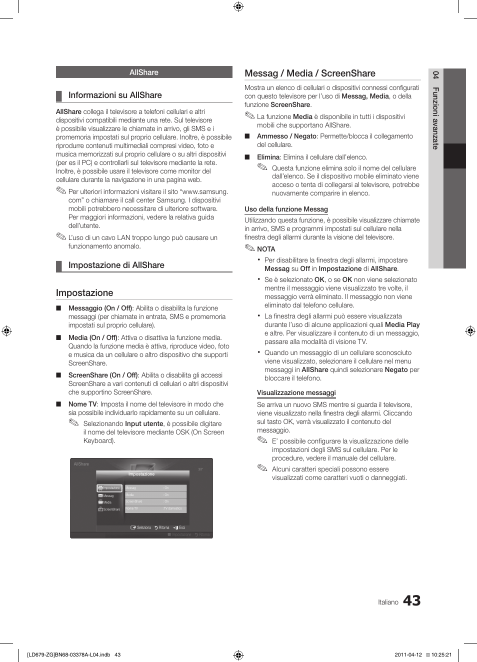 Impostazione, Messag / media / screenshare | Samsung LE46D679M3S User Manual | Page 205 / 217