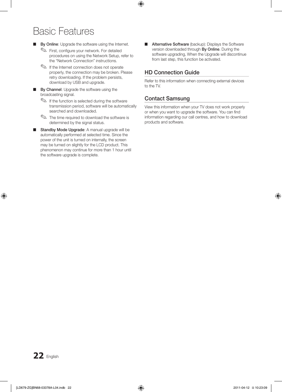 Basic features | Samsung LE46D679M3S User Manual | Page 22 / 217