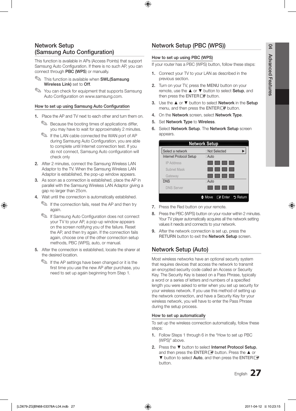 Network setup (samsung auto configuration), Network setup (pbc (wps)), Network setup (auto) | Samsung LE46D679M3S User Manual | Page 27 / 217