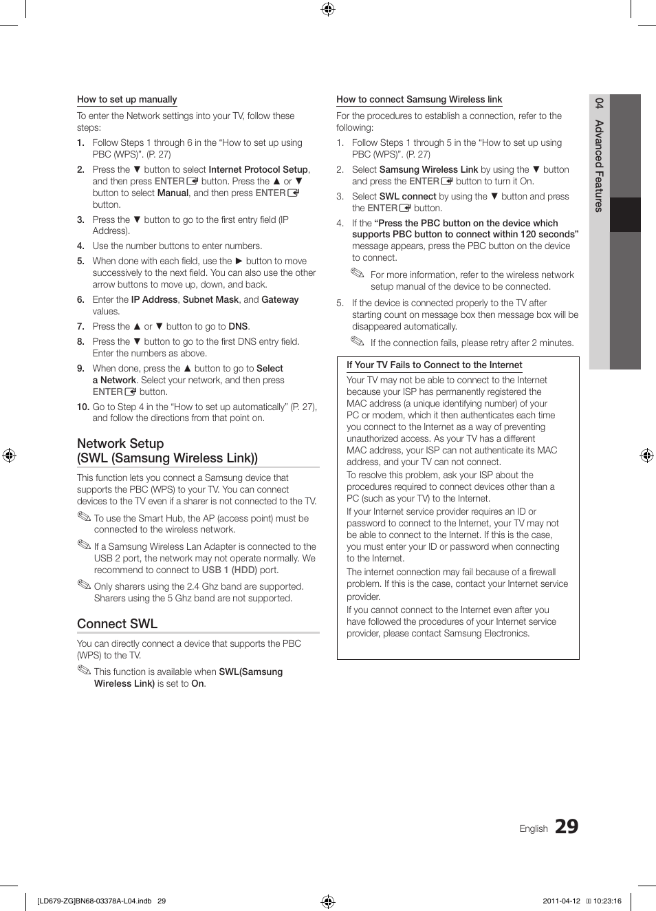 Network setup (swl (samsung wireless link)), Connect swl | Samsung LE46D679M3S User Manual | Page 29 / 217
