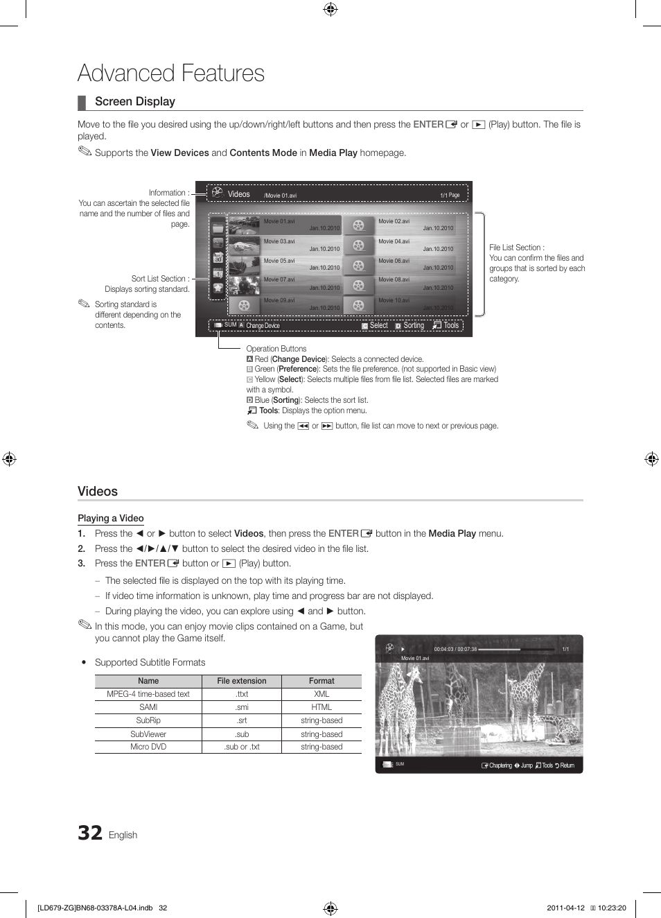 Advanced features, Videos, Screen display | Samsung LE46D679M3S User Manual | Page 32 / 217