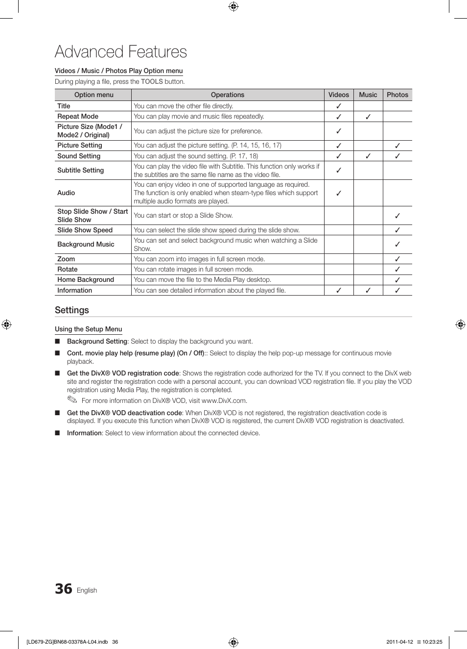 Advanced features, Settings | Samsung LE46D679M3S User Manual | Page 36 / 217