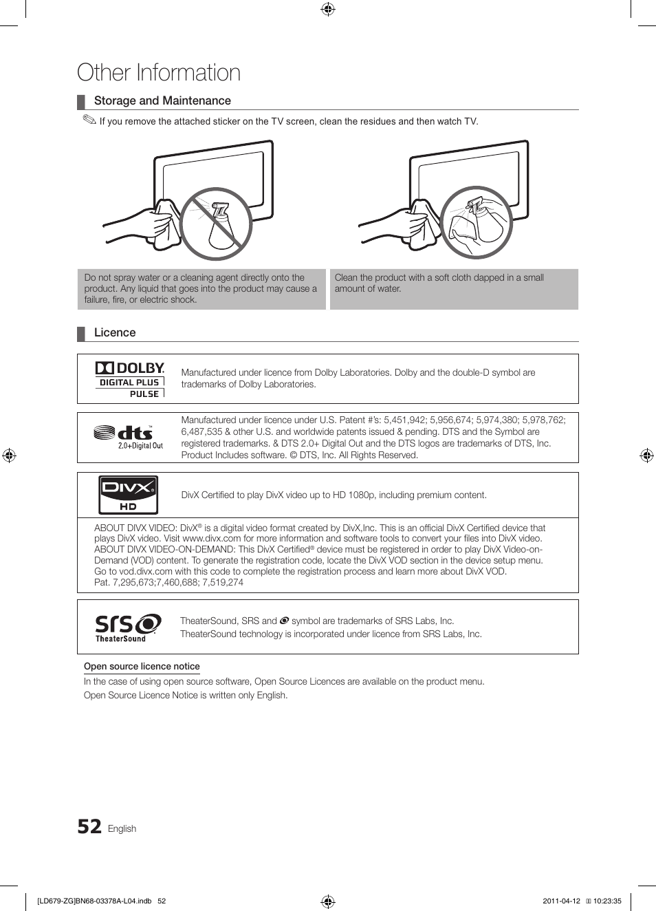 Other information | Samsung LE46D679M3S User Manual | Page 52 / 217