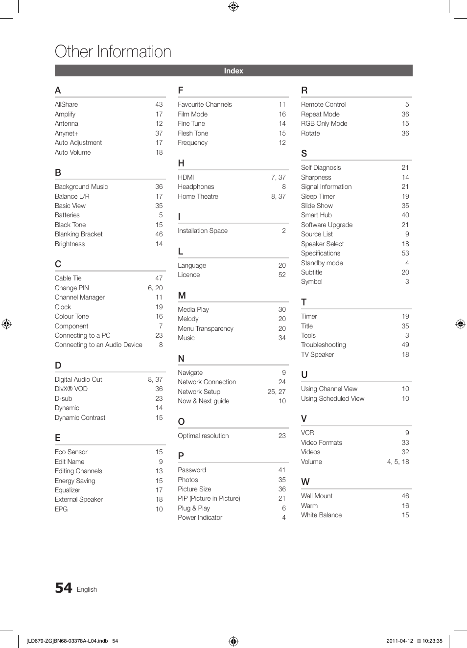 Other information | Samsung LE46D679M3S User Manual | Page 54 / 217