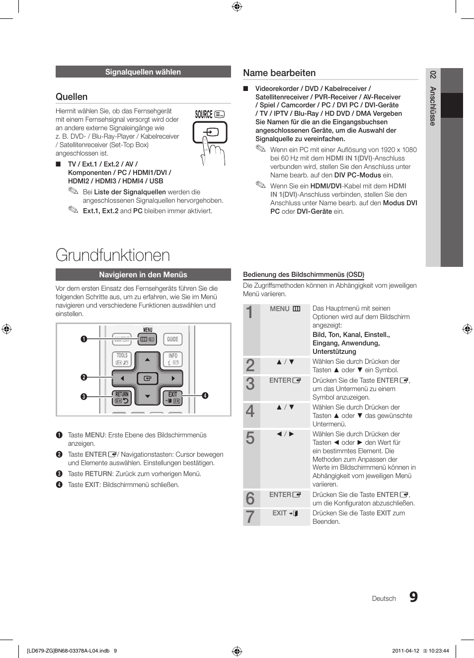 Grundfunktionen | Samsung LE46D679M3S User Manual | Page 63 / 217