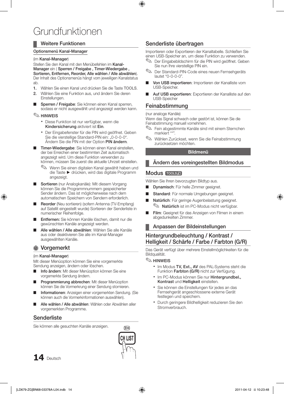 Grundfunktionen | Samsung LE46D679M3S User Manual | Page 68 / 217